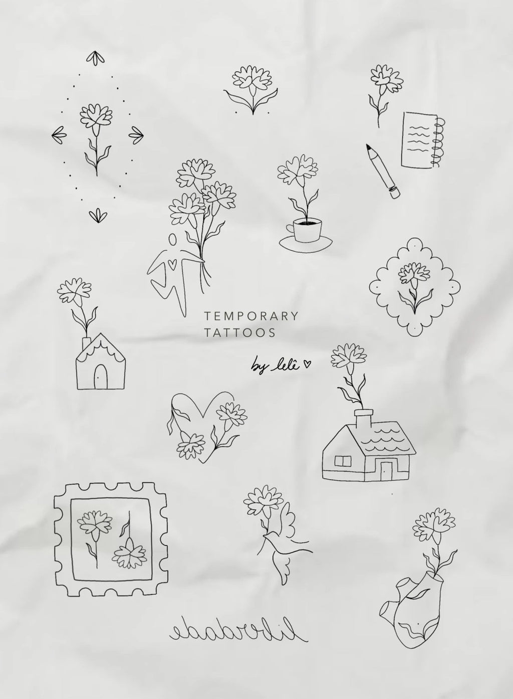 25 de Abril temporary tattoo sheet — carnations and line drawings
