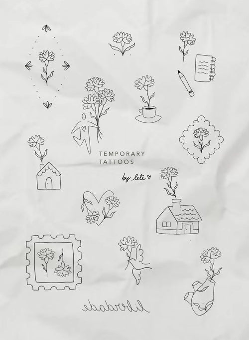 25 de Abril temporary tattoo sheet — carnations and line drawings