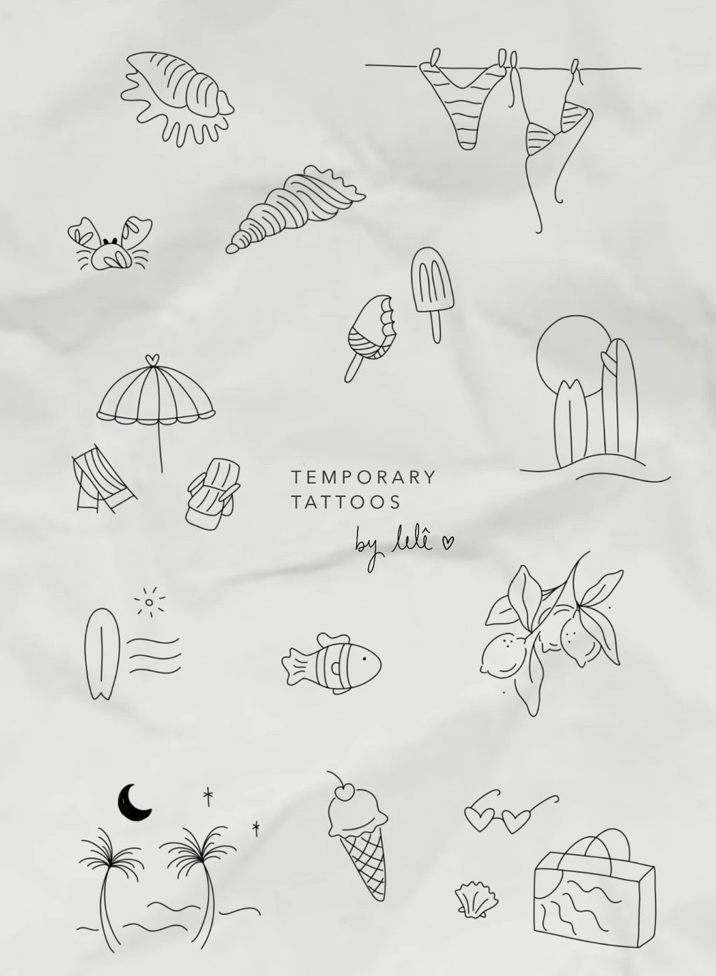 Summertime temporary tattoo sheet — beach and summer line drawings